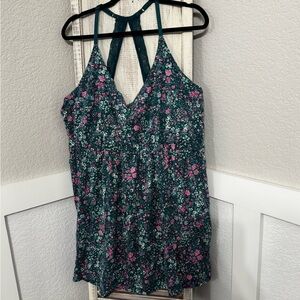 Cute!! Cacique Dark Teal/Green Floral Lace-Back Lounge Gown PJ Lingerie 26/28